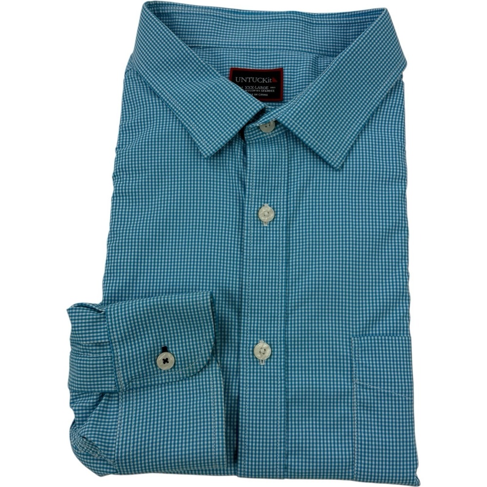 UNTUCKit Blue White Gingham Nylon Spandex Button Shirt Men's Size 3XL
